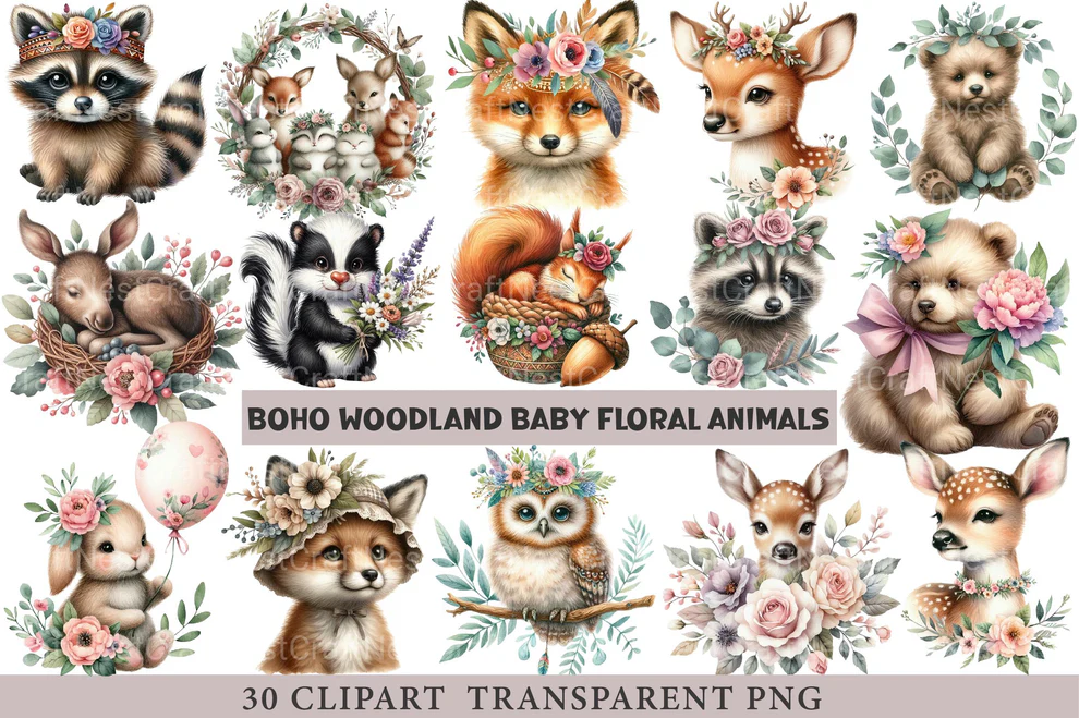 Boho Woodland Baby Floral Animals