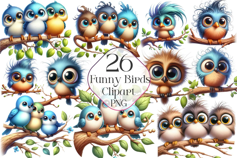 Funny Birds On Branch