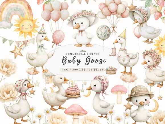 Watercolor Baby White Goose Birthday 118165617
