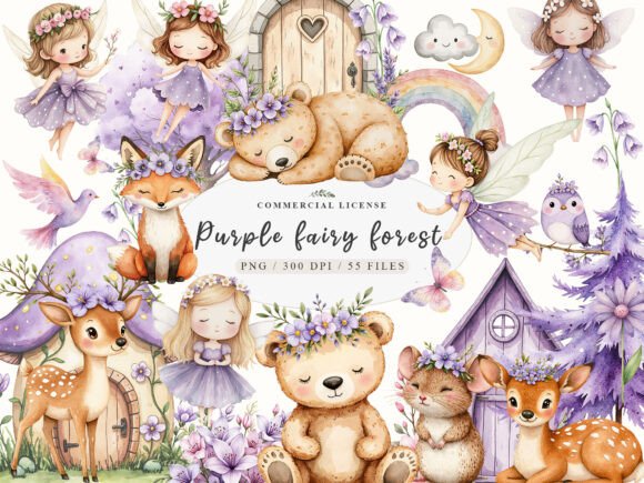 Watercolor Magical Garden Purple Fairies 119498390